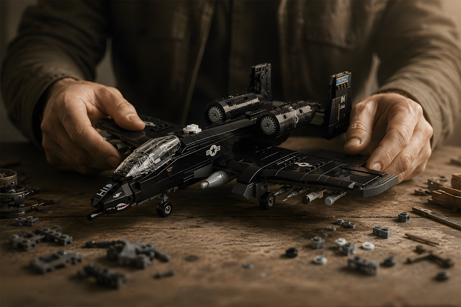 Military jet building block model with detailed cockpit and weapons, assembled on wooden table