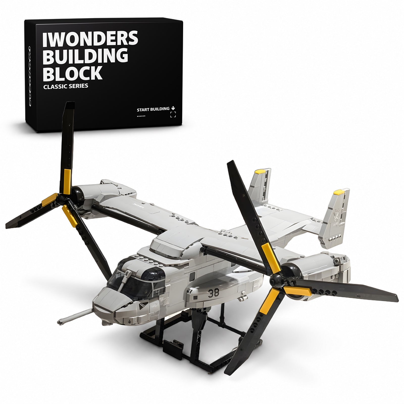 Military tiltrotor aircraft building block model with rotating propellers, gray and black design, classic series set