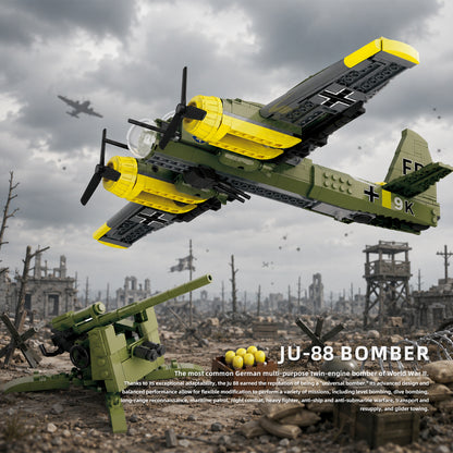WWII Ju-88 bomber building block model with anti-aircraft gun, military brick set for history enthusiasts