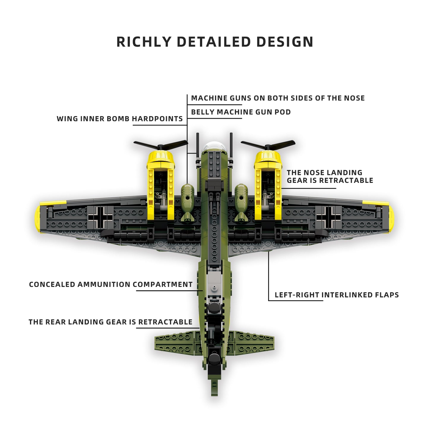 Detailed military aircraft building block model with retractable landing gear, machine guns, and bomb hardpoints