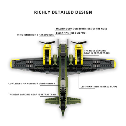 Detailed military aircraft building block model with retractable landing gear, machine guns, and bomb hardpoints