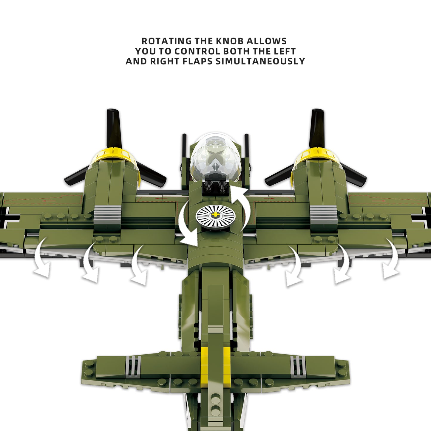 Green military plane building block model with rotating knob to control flaps, featuring dual propellers and cockpit details.