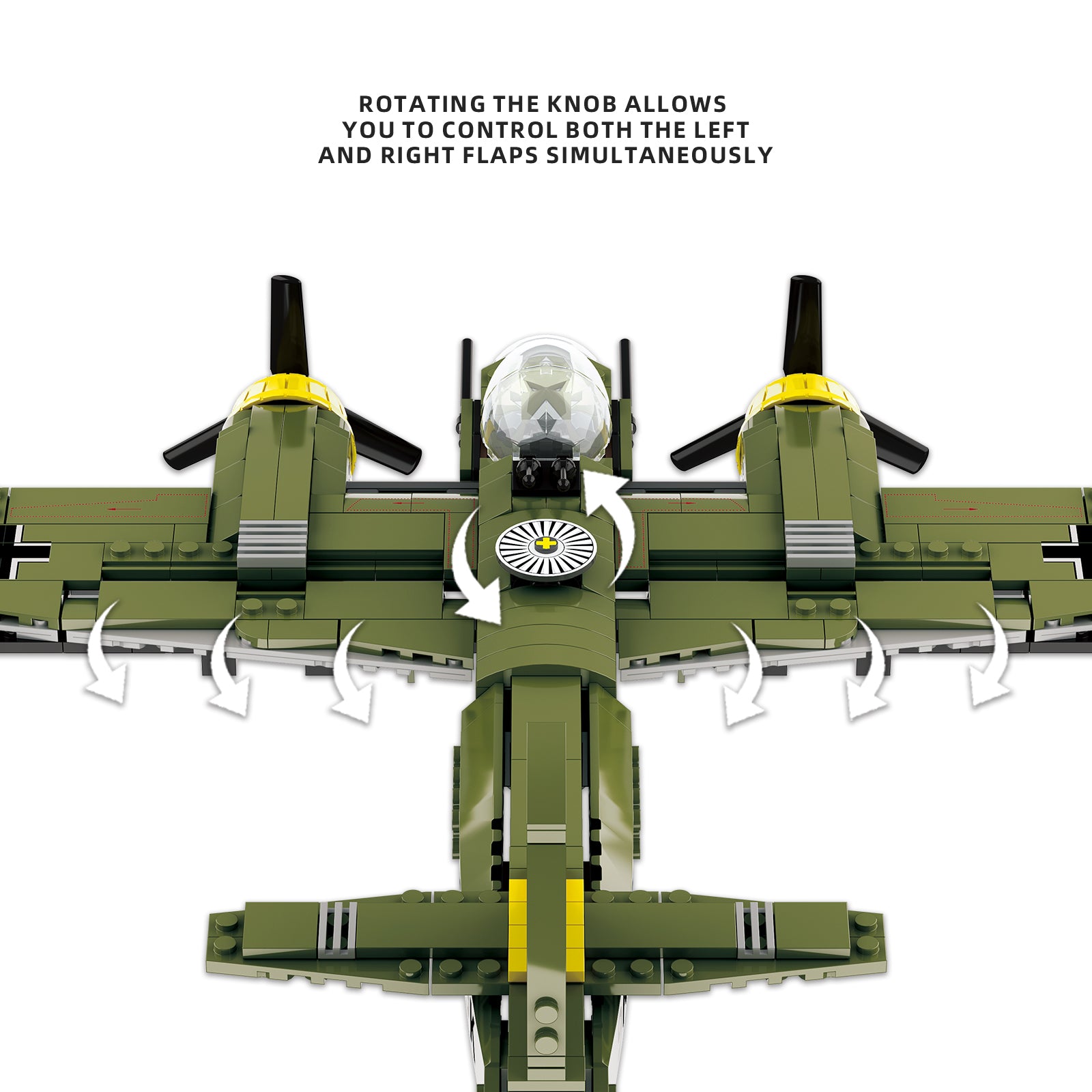 Green military plane building block model with rotating knob to control flaps, featuring dual propellers and cockpit details.