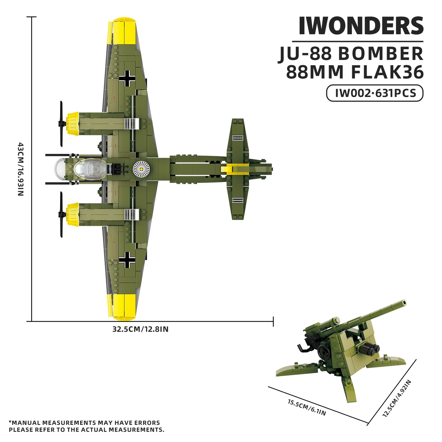 JU-88 Bomber and 88mm Flak 36 military building block set with detailed brick construction and measurements