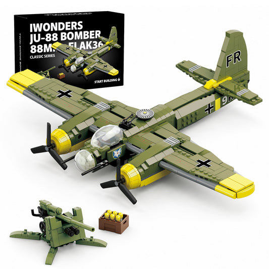 JU-88 Bomber military building block model with FLAK 36 anti-aircraft gun, detailed WWII aircraft set