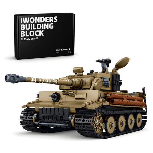 Detailed military tank building block model with classic series packaging, featuring realistic treads and cannon design.