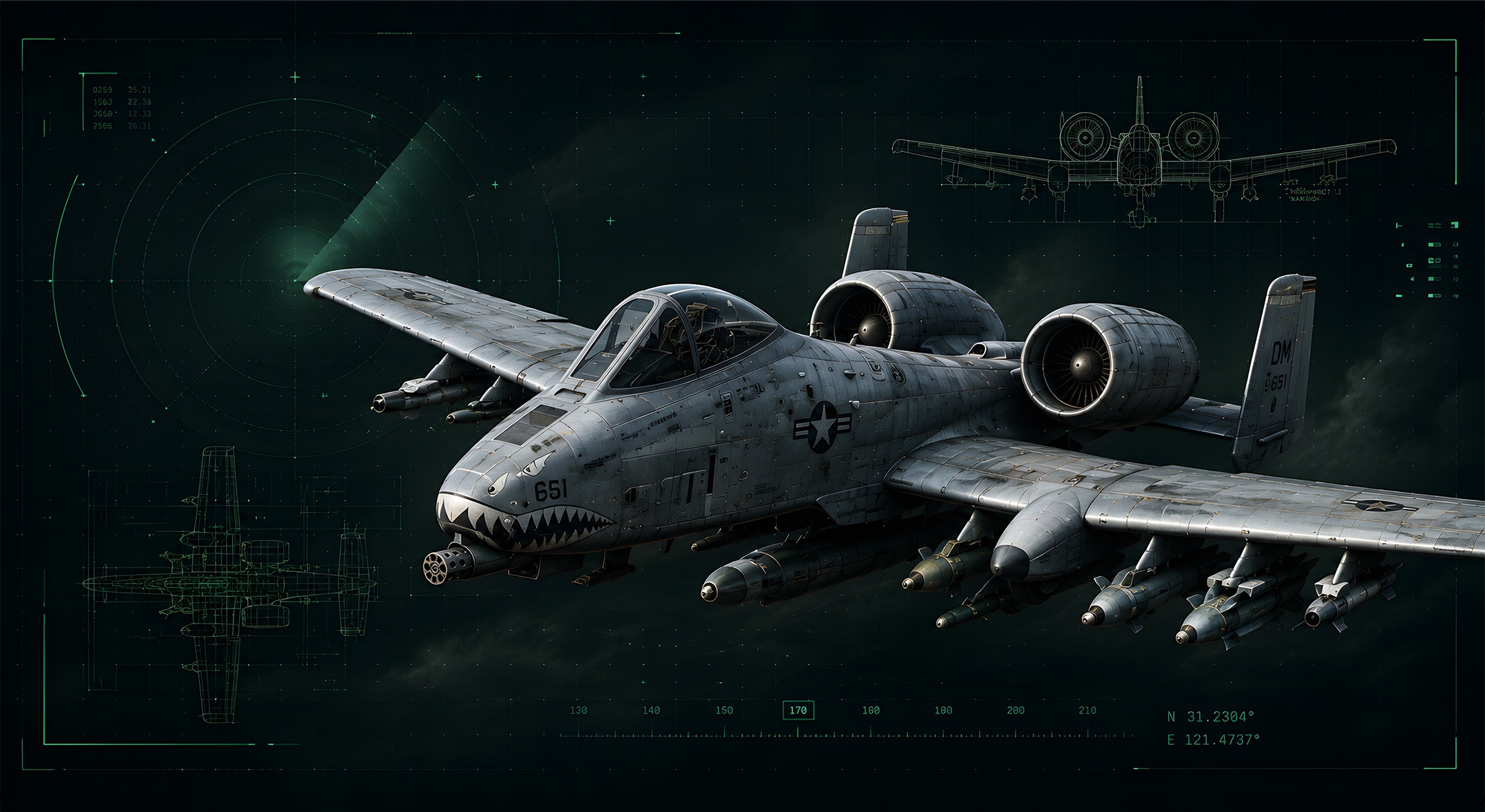 Military aircraft model with shark teeth design, detailed engines, and tactical HUD display.