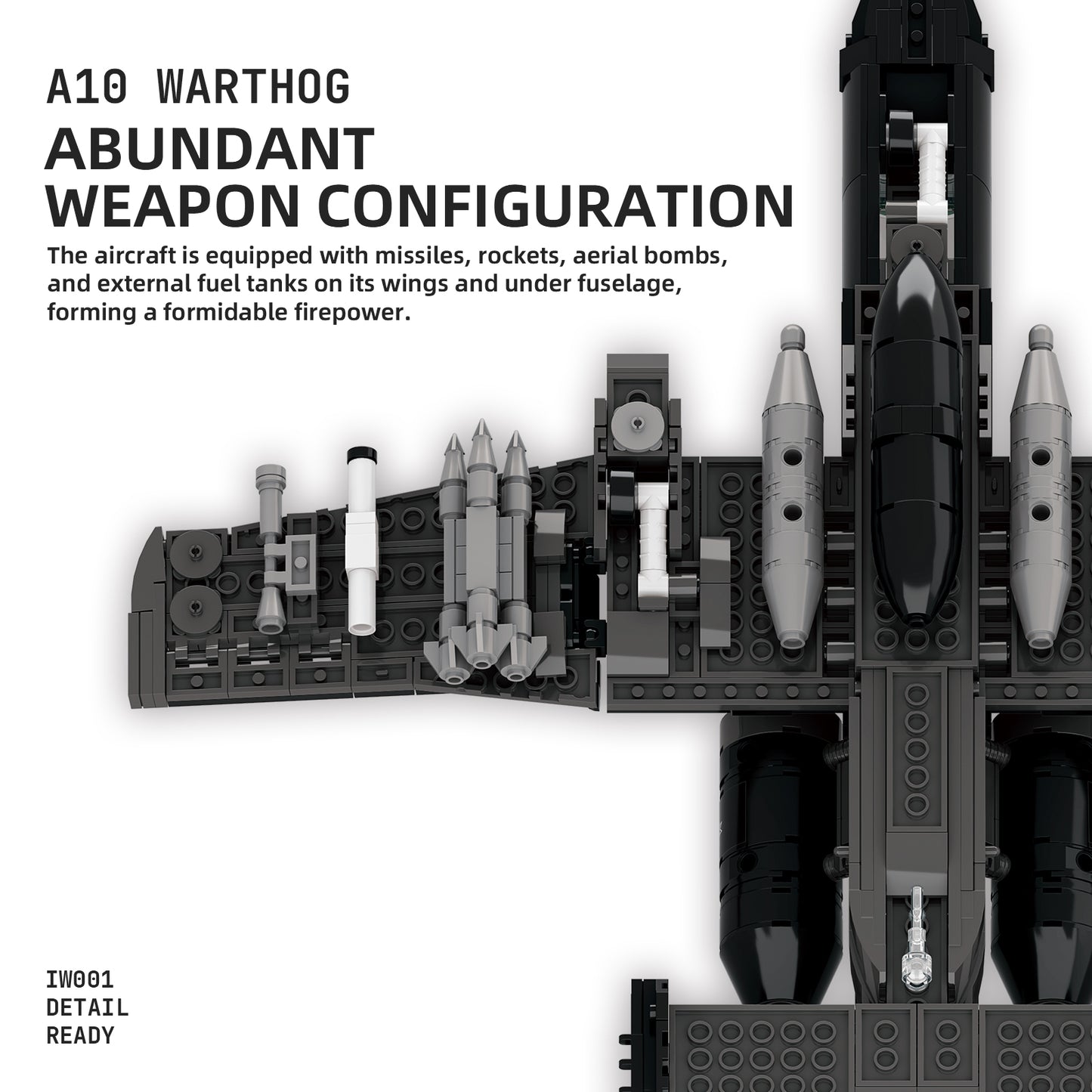 A10 Warthog military aircraft model with missiles, rockets, and bombs on wings and fuselage