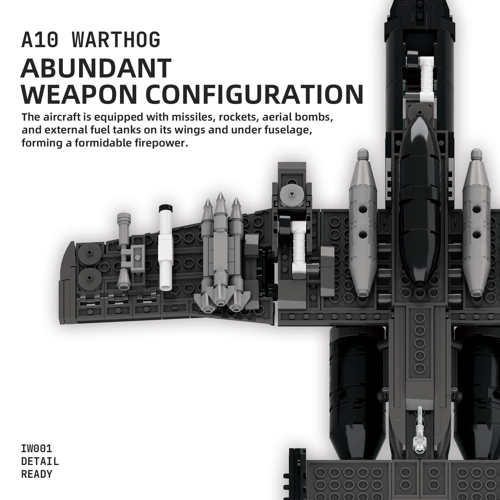 A10 Warthog military aircraft model with missiles, rockets, and bombs on wings and fuselage