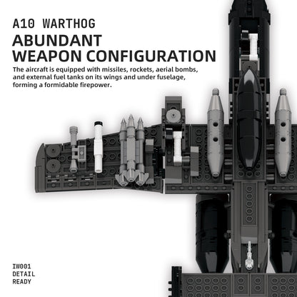 A10 Warthog military aircraft model with missiles, rockets, and bombs on wings and fuselage