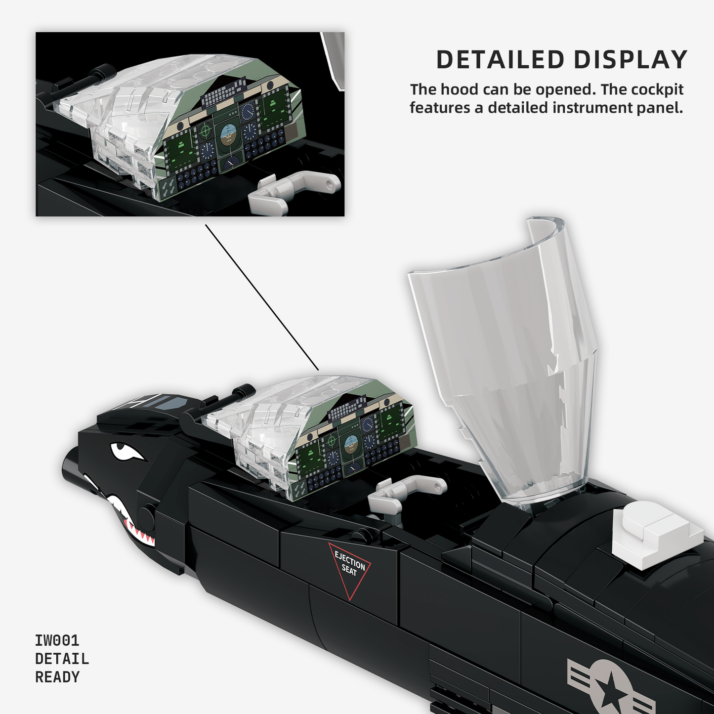 Military jet cockpit with detailed instrument panel and open hood for building block model