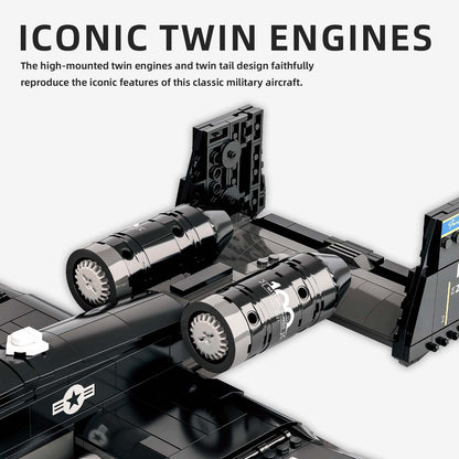 Detailed military aircraft model with iconic twin engines and tail design, crafted from building blocks.