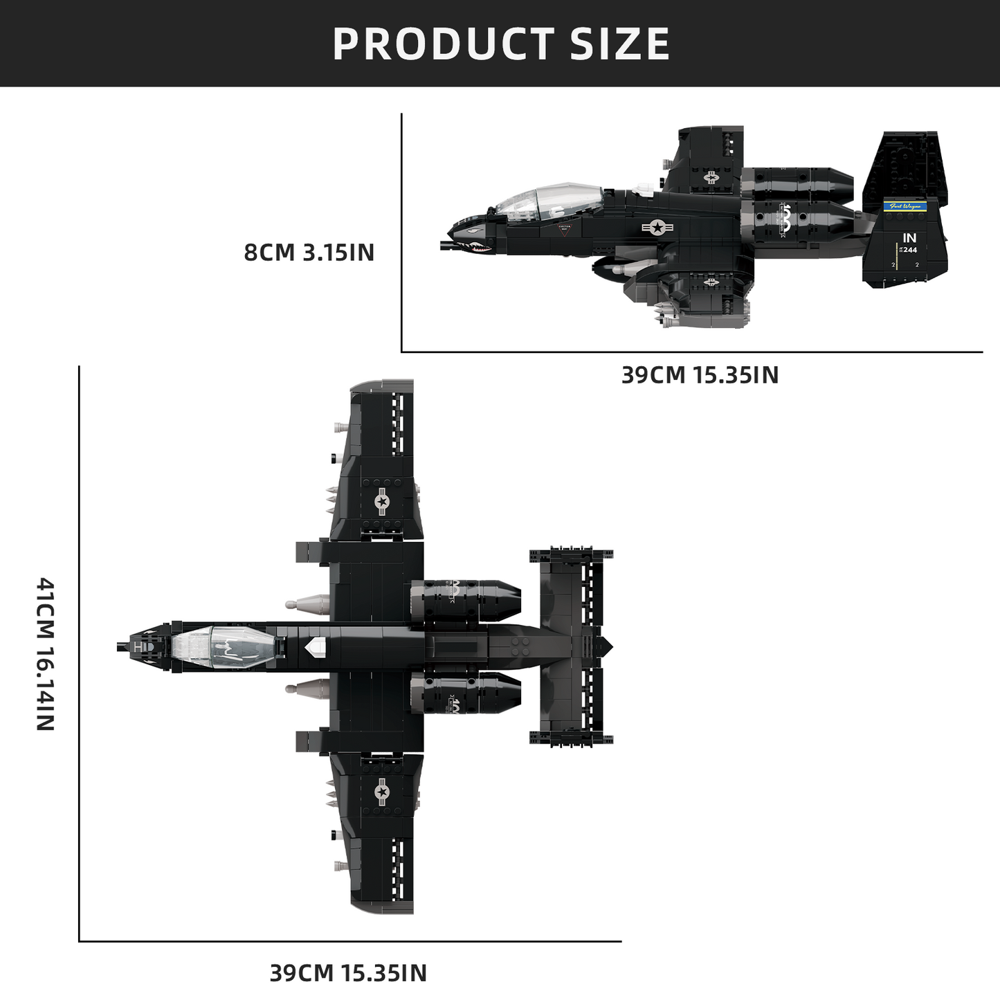 Black military jet building block model with detailed dimensions for collectors and enthusiasts