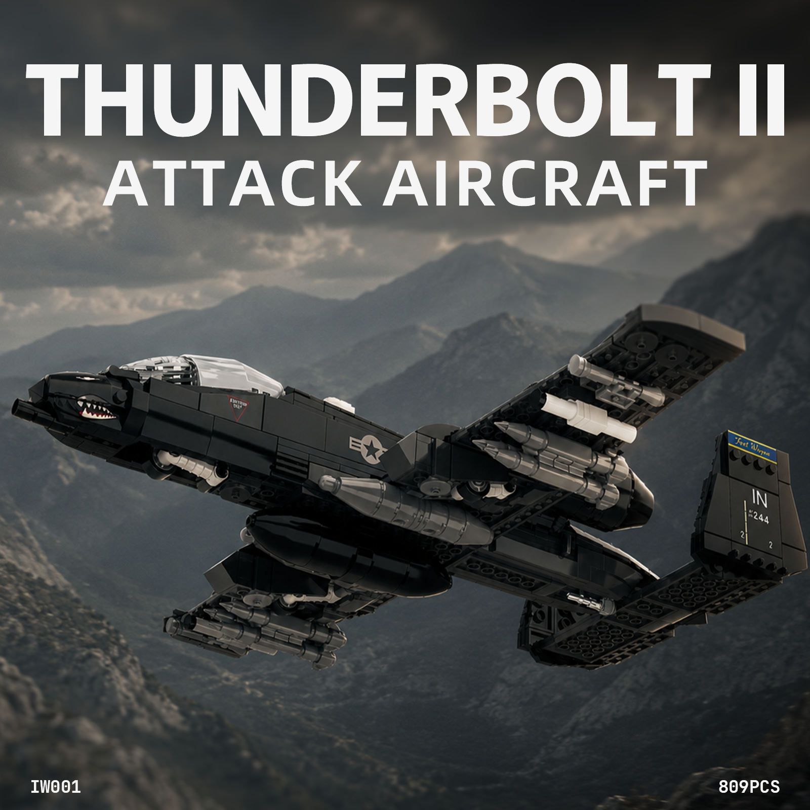 Thunderbolt II attack aircraft building block model soaring over mountains