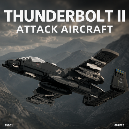Thunderbolt II attack aircraft building block model soaring over mountains
