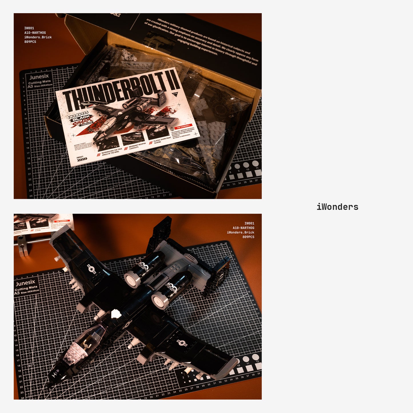 A-10 Warthog military aircraft building block set, Thunderbolt II model with detailed brick construction and weapon loadouts