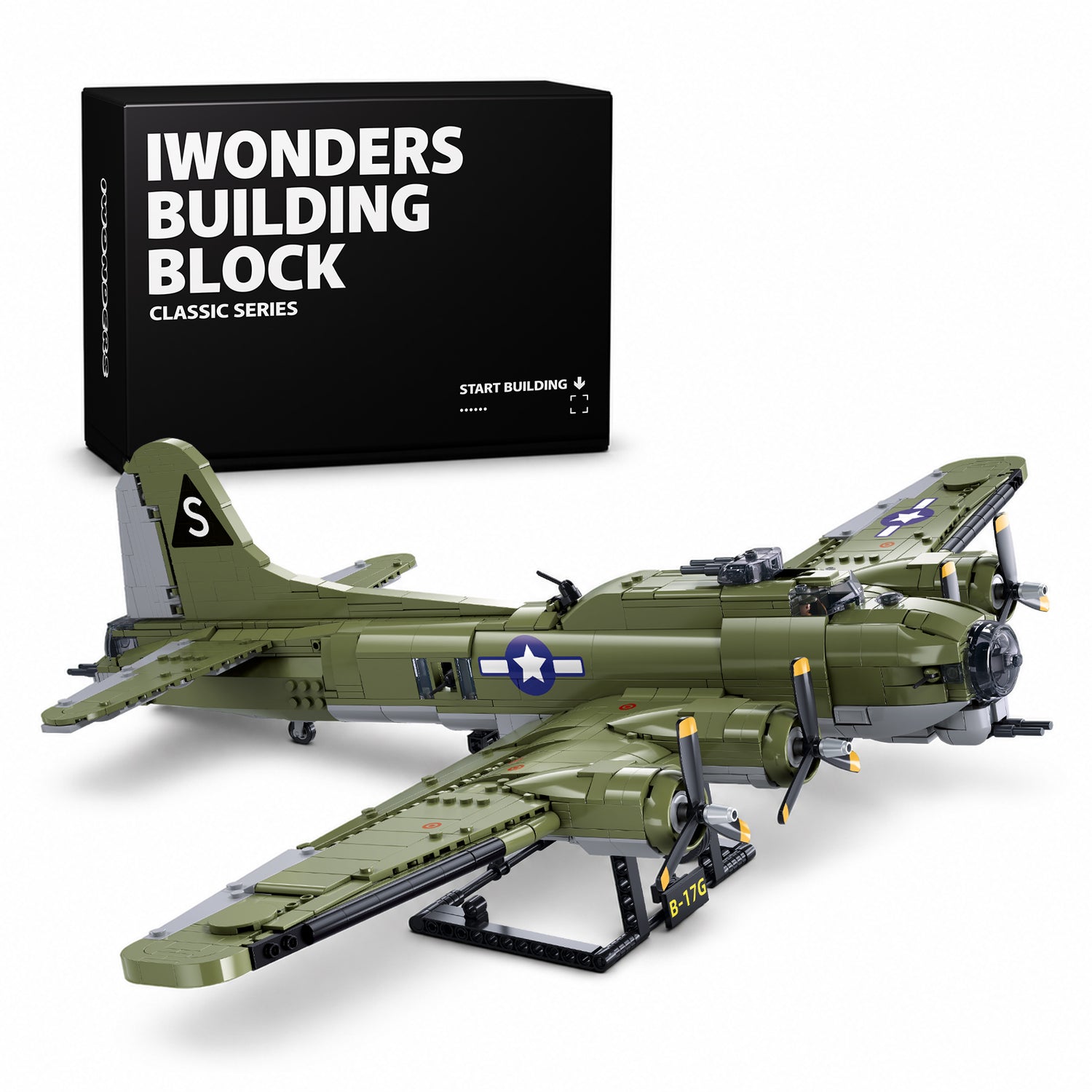 iWonders B1367 B-17 Flying Fortress Heavy Bomber Building Blocks Set, WWII Military Aircraft Model Kit with Realistic Details, Four Engine Bomber Plane Building Toy Compatible Bricks for Collectors